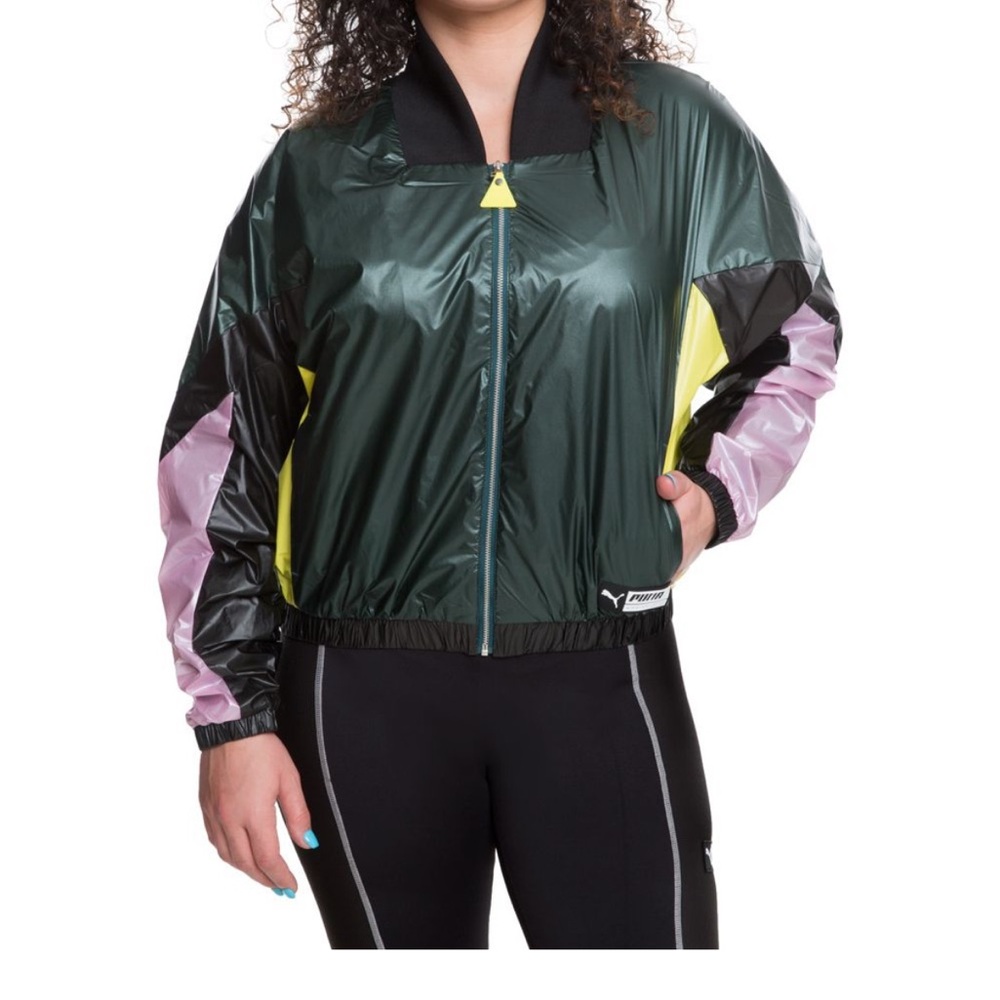 Puma Windbreaker Jacket Medium Green Black Colorblock Cropped Zip Streetwear